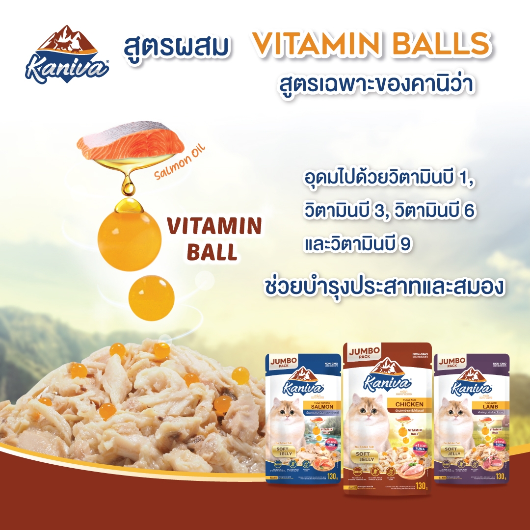 อาหารแมวคานิว่าชนิดเปียก เนื้อปลาทูน่าหน้าเนื้อไก่ในเยลลี่ ผสมวิตามินบอล จัมโบ้แพ็ค