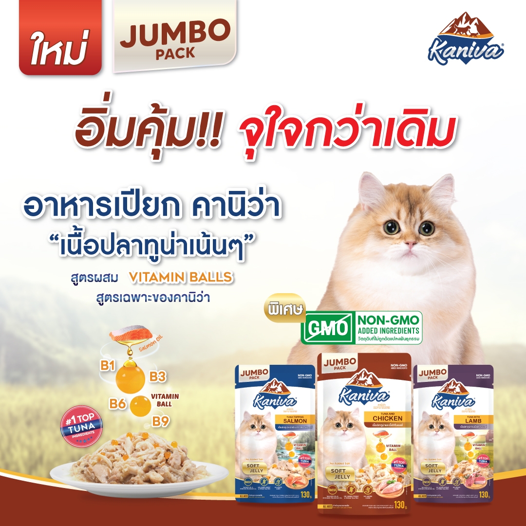 อาหารแมวคานิว่าชนิดเปียก เนื้อปลาทูน่าหน้าเนื้อแซลมอนในเยลลี่ ผสมวิตามินบอล จัมโบ้แพ็ค