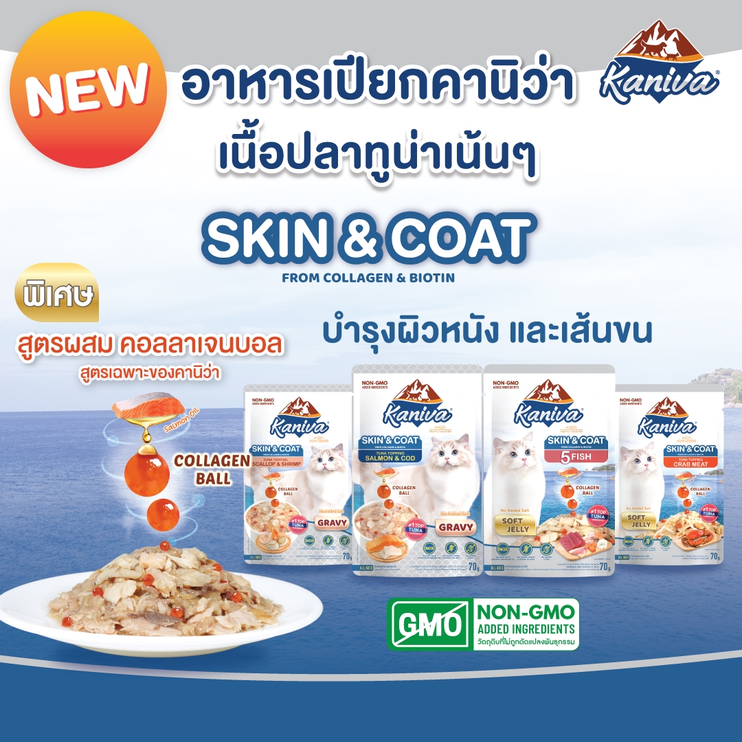 อาหารแมวคานิว่าชนิดเปียก สกินแอนด์โคท สูตรปลาทูน่าหน้าปลา 5 ชนิดในเยลลี่ ผสมคอลลาเจนบอล บำรุงผิวหนังและเส้นขน