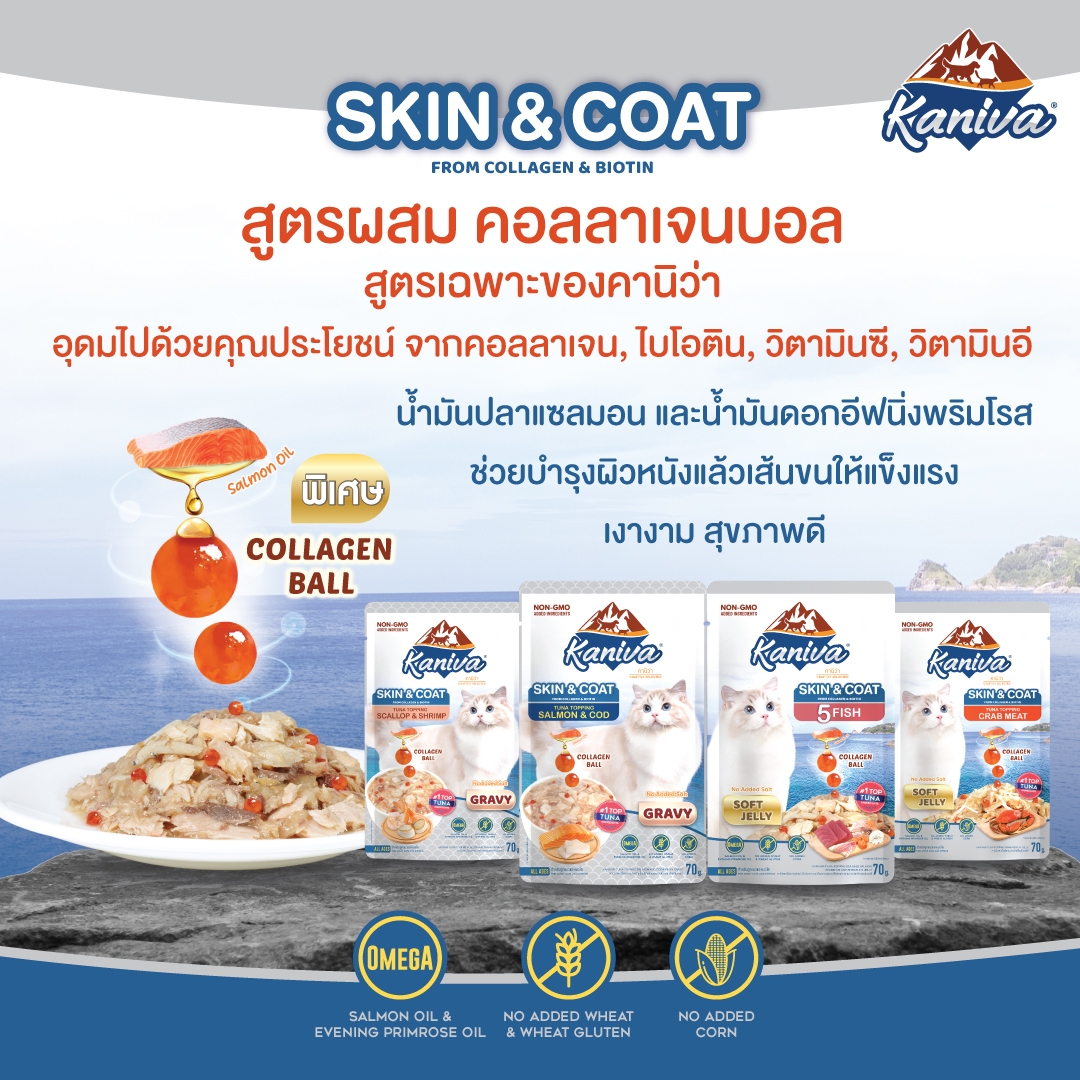 อาหารแมวคานิว่าชนิดเปียก สกินแอนด์โคท สูตรปลาทูน่าหน้าปลา 5 ชนิดในเยลลี่ ผสมคอลลาเจนบอล บำรุงผิวหนังและเส้นขน