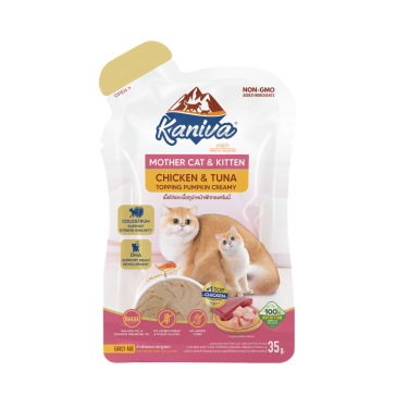 อาหารแมวคานิว่าชนิดเปียก สูตรแม่แมวและลูกแมว เนื้อไก่และปลาทูน่าหน้าฟักทองครีมมี่