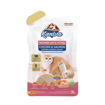 อาหารแมวคานิว่าชนิดเปียก สูตรแม่แมวและลูกแมว เนื้อไก่ผสมปลาแซลมอนหน้าฟักทองครีมมี่